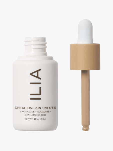 Ilia Super Serum Skin Tint SPF 40 in branded component on a light gray background