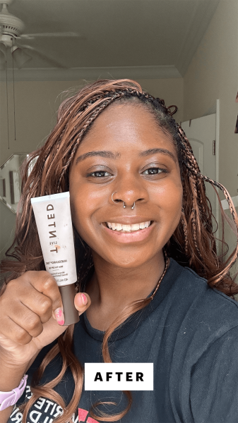 Curry after applying the Live Tinted Hueguard Skin Tint SPF 50 Mineral Sunscreen