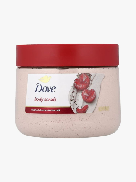 Dove Crushed Cherries & Chia Milk Body Scrub light pink and red jar on light gray background