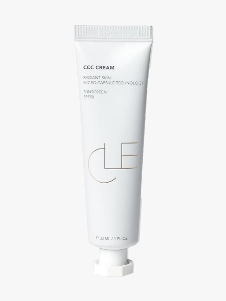 CLE Cosmetics CCC Cream white tube on light gray background