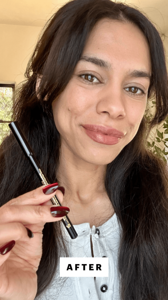 Shipin after applying the Victoria Beckham Beauty Lip Definer in a combination of No. 02 and No. 05