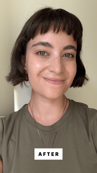 Felbin after applying the Beekman 1802 Milk Tint SPF 43 Tinted Primer Serum